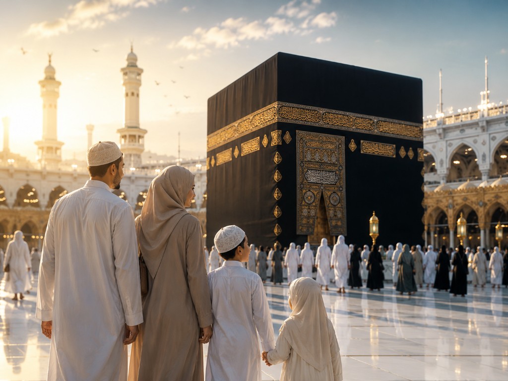 Famille de pèlerins devant la Kaaba, au lever du jour