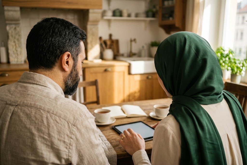 Un couple consulte ensemble une fiche d'agence sur une tablette, à la table de la cuisine