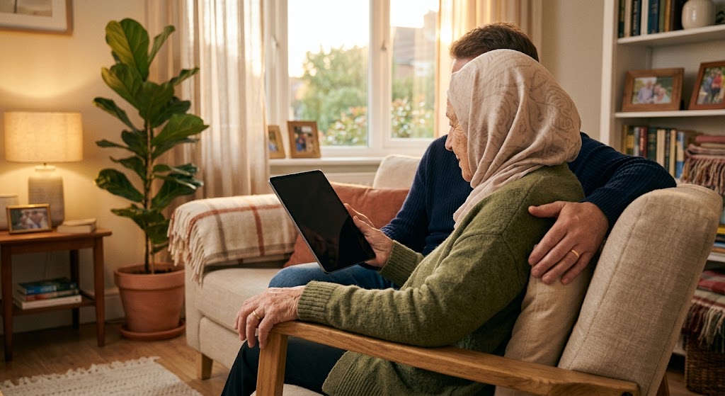 Un homme prépare le voyage de sa mère âgée, assis près d'elle avec une tablette