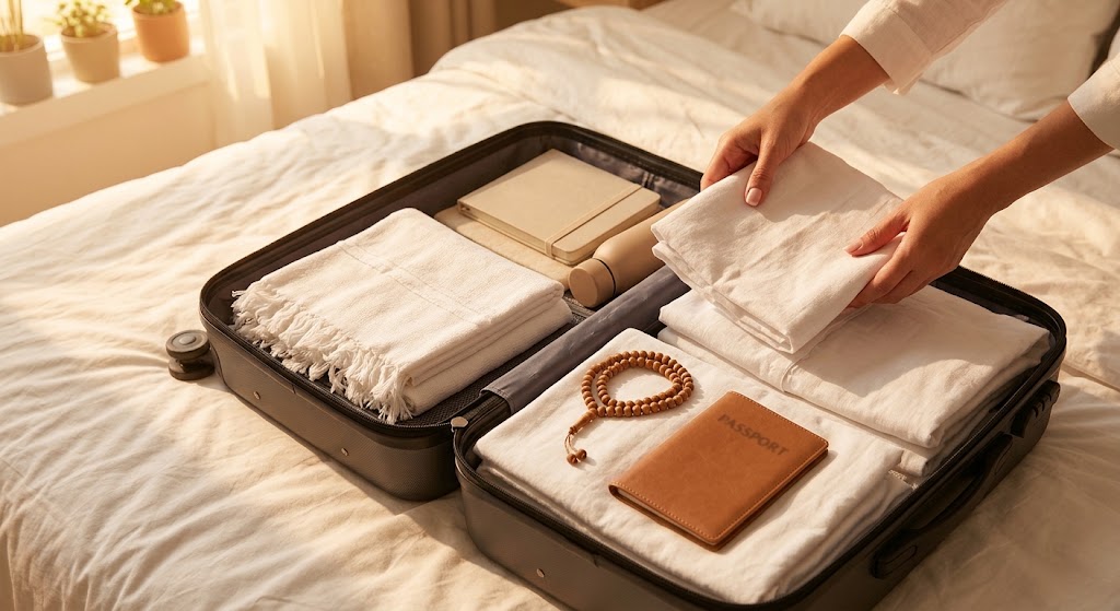 Valise en préparation avec vêtements d'ihram pliés, chapelet et passeport